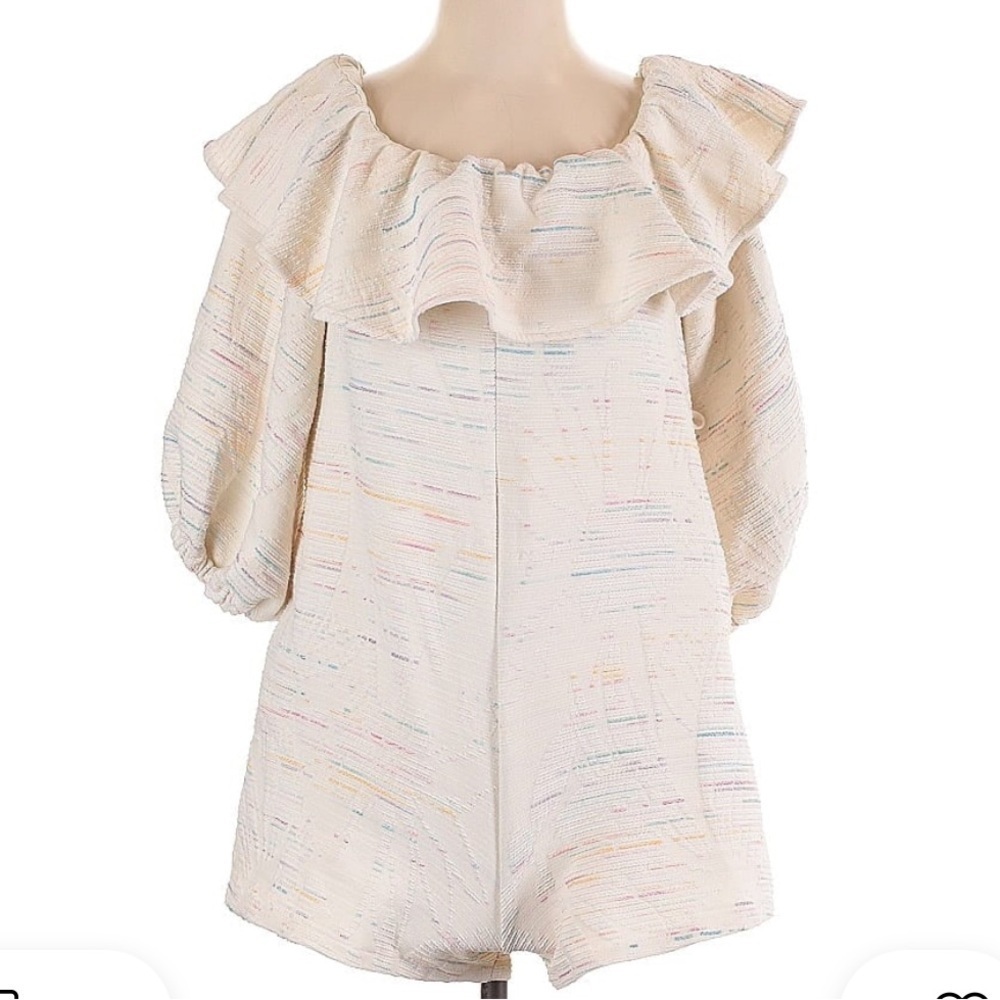 Something Navy Rainbow Ruffle Off Shoulder Romper Cream Multicolor Small - Picture 2 of 4